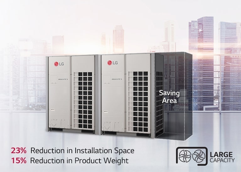 Two large capacity LG HVAC Multi V5 units with a cityscape background, showing reduced space and weight.
